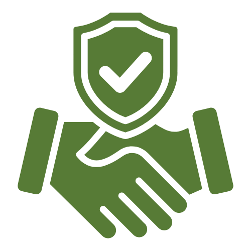 Green icon of a handshake with a shield and checkmark on a green background