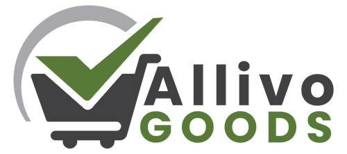 Logo of Allivo Goods with a shopping cart and checkmark on a green background