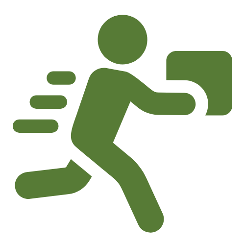 Green icon of a person running with a box on a green background