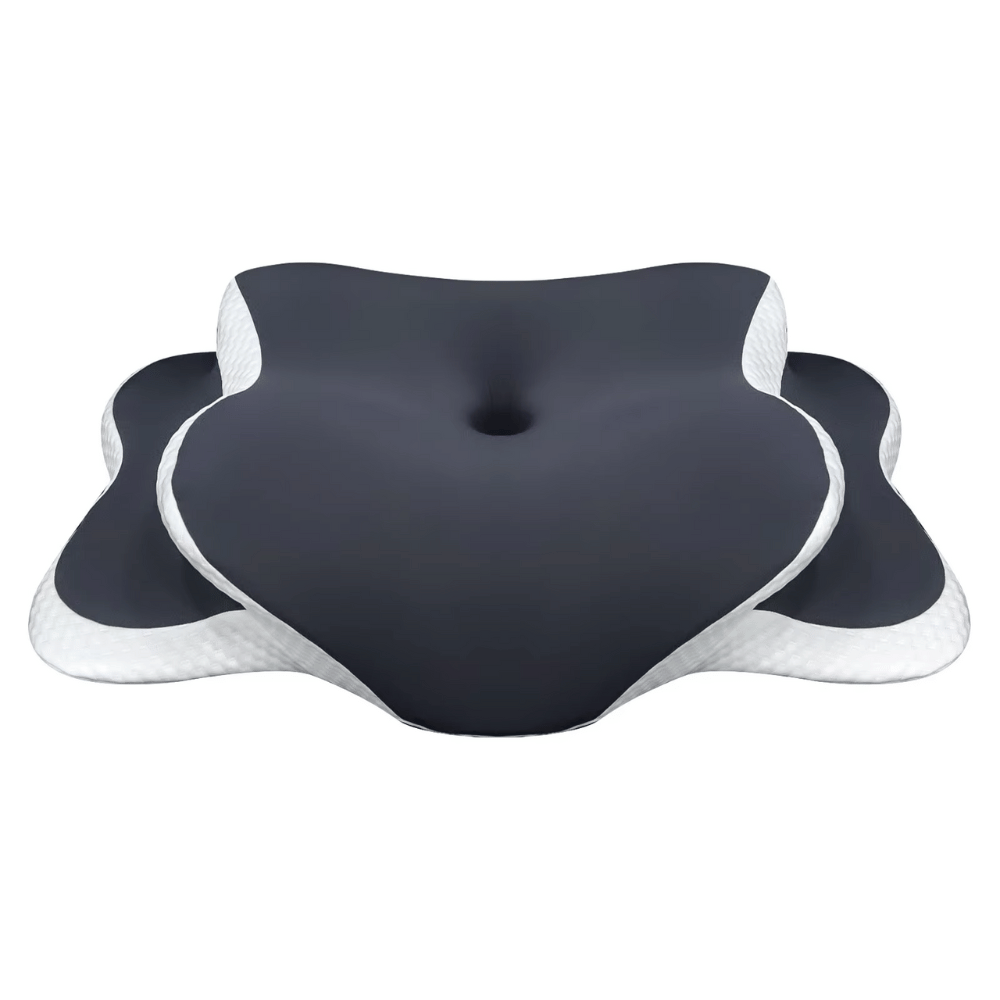 Black and white cushion with a unique design on a white background