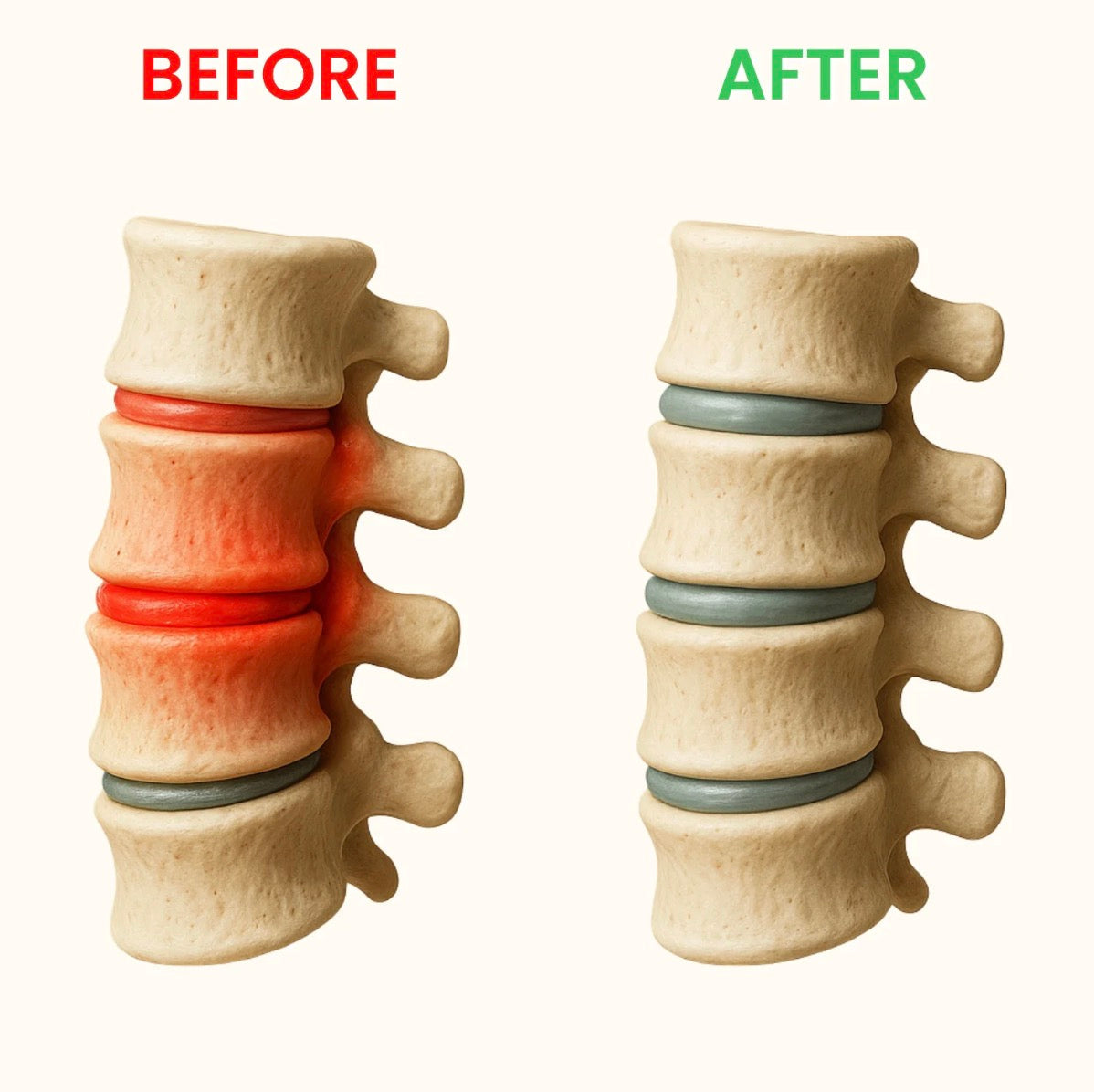Model of a spine with a damaged disc labeled 'Before' and an repaired disc labeled 'After' on a white background.