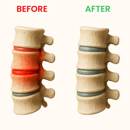 Model of a spine with a damaged disc labeled 'Before' and an repaired disc labeled 'After' on a white background.