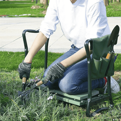 Person using a garden kneeler with gardening tools in a grassy area