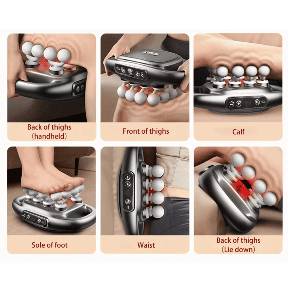 Massage device being used on different parts of the body with labeled areas.