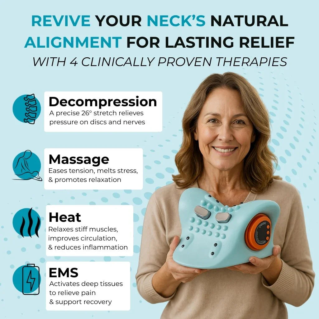 Woman holding a neck device with text on clinical proven therapies against a light blue background