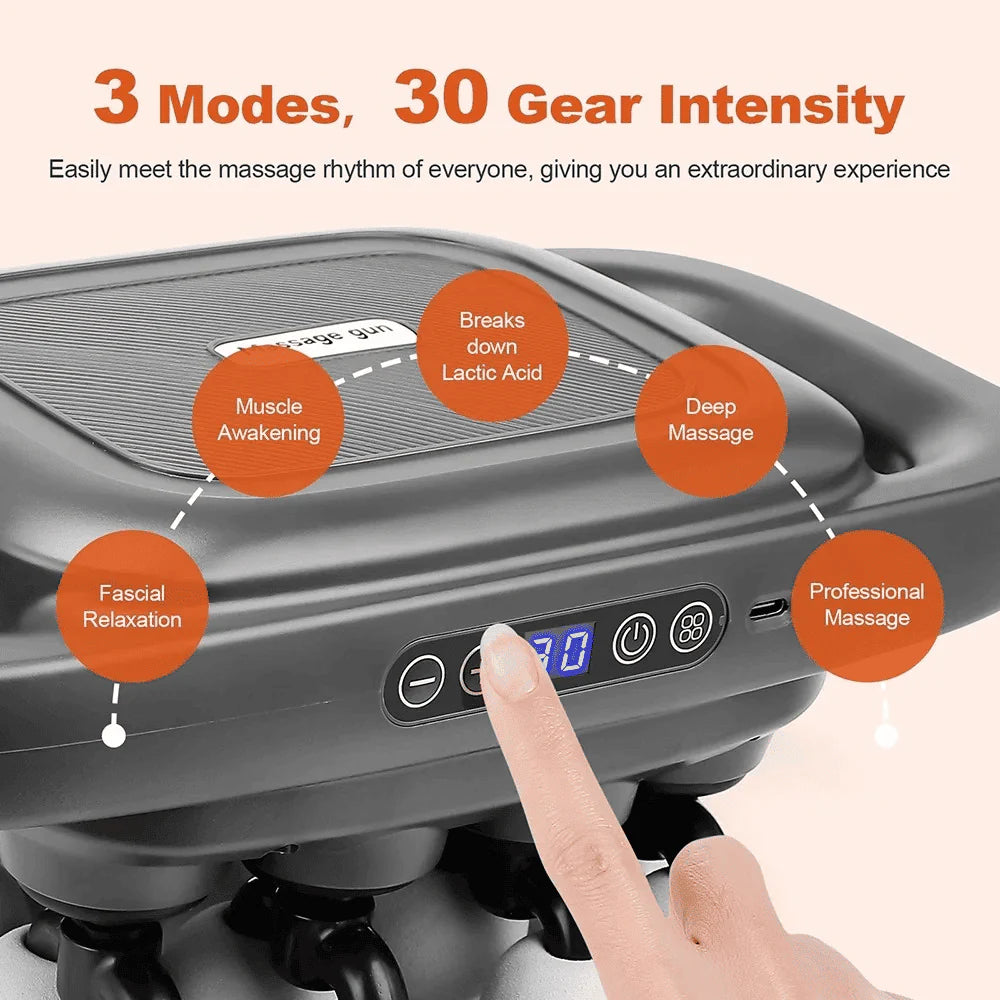 Wave Massage Gun control panel showing 30 intensity gears for deep tissue massage and muscle relaxation
