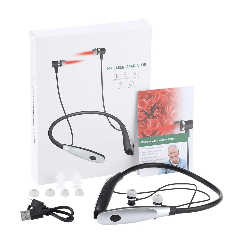 Necklace-like device with USB cable and packaging on a white background