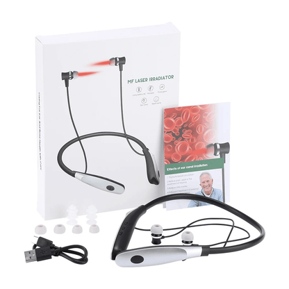 Necklace-like device with USB cable and packaging on a white background