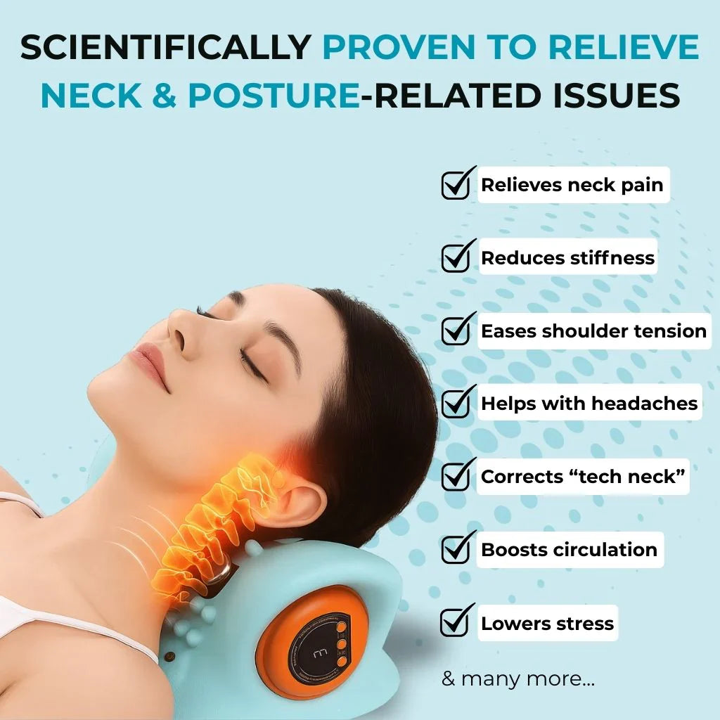 Person using a neck massager with text highlighting its benefits on a blue background