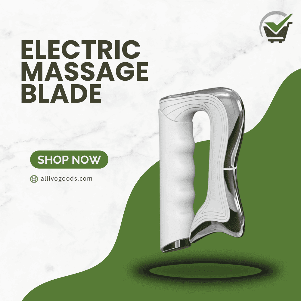 Electric massage blade with 'Shop Now' button and brand logo on a white background