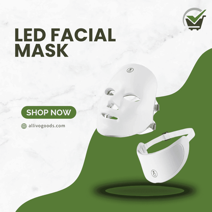 White LED facial mask with 'Shop Now' button on a green and white background