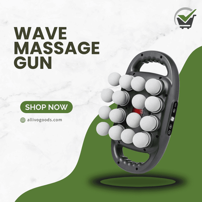 Wave massage gun with white balls on a green and white background, featuring 'Shop Now' and 'allivogoods.com'.