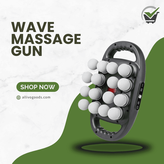 Wave massage gun with white balls on a green and white background, featuring 'Shop Now' and 'allivogoods.com'.