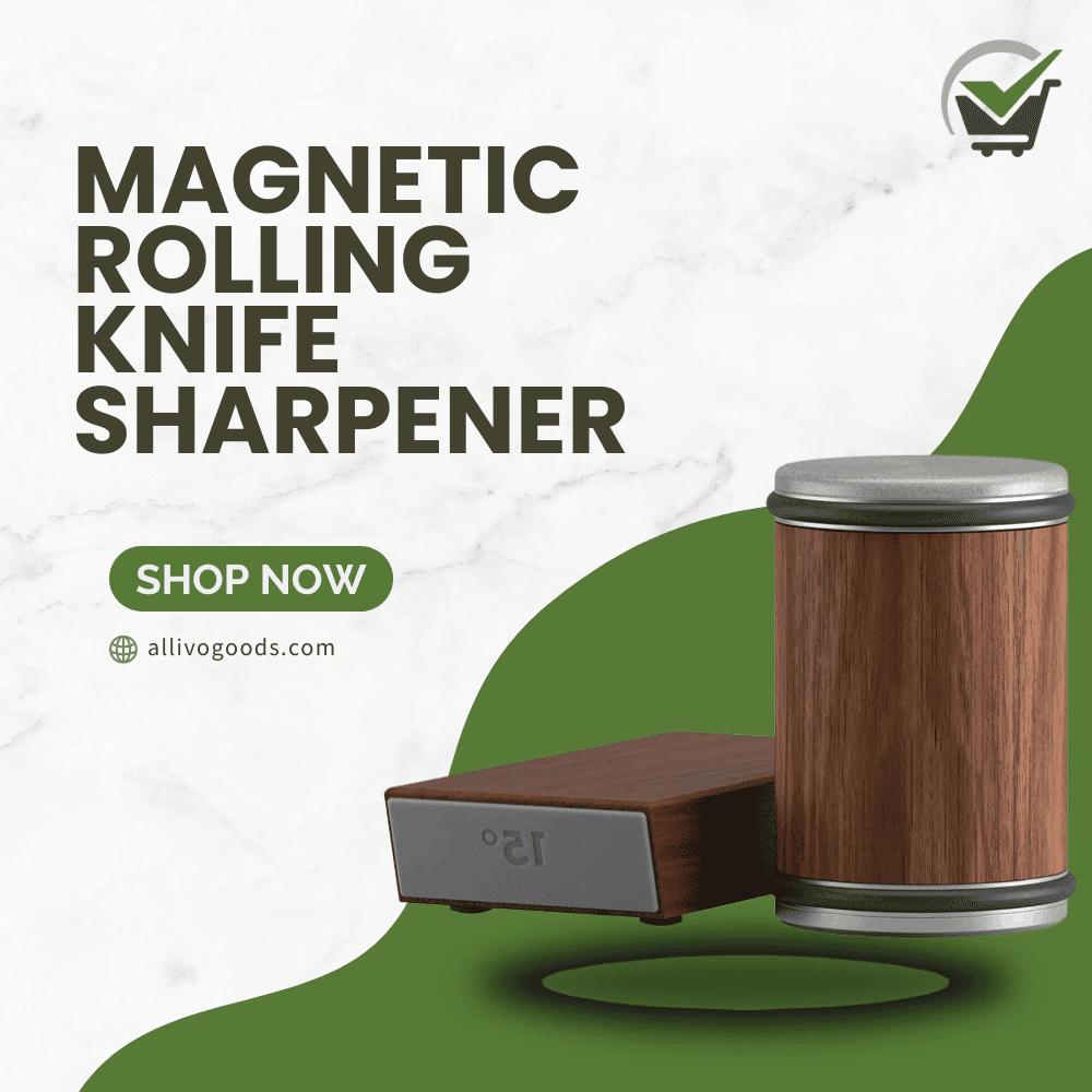 Magnetic rolling knife sharpener with wooden and metallic design on a green and white background.
