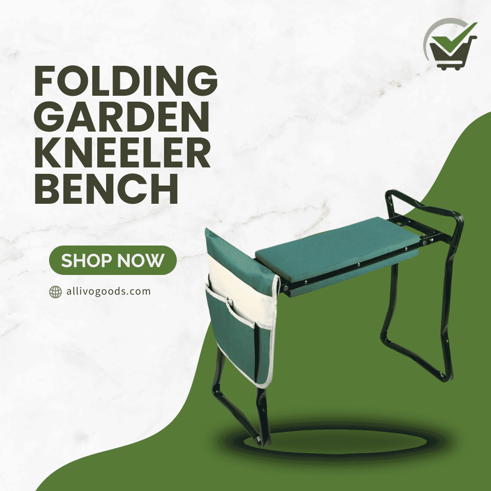 Folding garden kneeler bench with green seat and black metal frame on a white background.