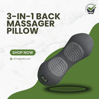 3-in-1 back massager pillow with text and website URL on a green and white background