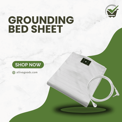 Grounding bed sheet with cable on a green and white background, featuring 'Allivogoods' branding.