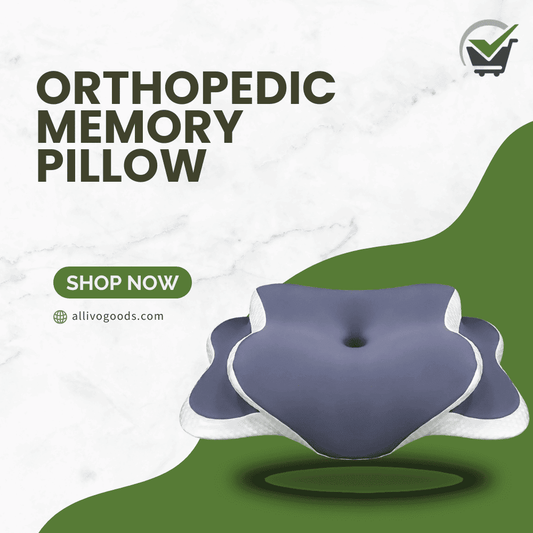 Orthopedic memory pillow with promotional text and branding on a green and white background