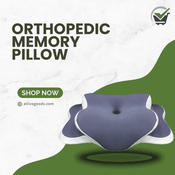 Orthopedic memory pillow with promotional text and branding on a green and white background
