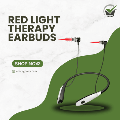 Red light therapy earbuds with a green and white background