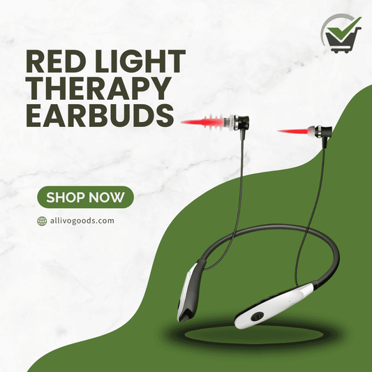 Red light therapy earbuds with a green and white background