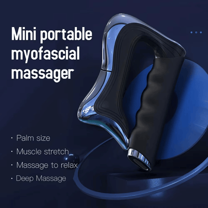 Mini portable myofascial massager on a dark background with text describing its features.