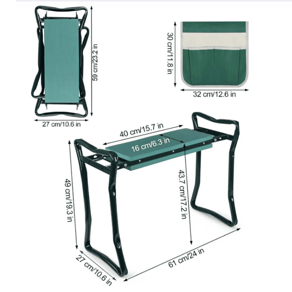 Green folding stool with dimensions labeled on a white background
