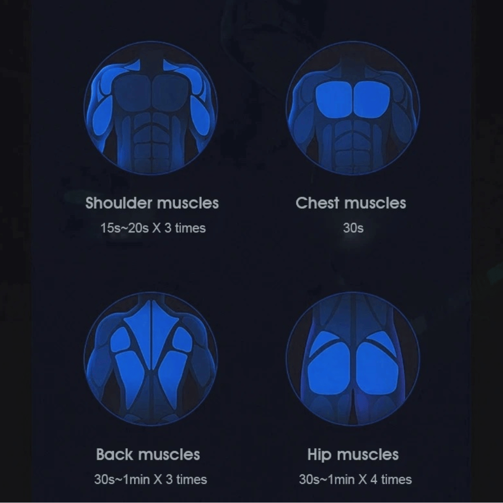 Muscle组图 with exercise durations on a dark background