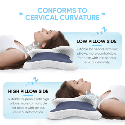 Two people lying on a cervical curvature pillow with text explaining its use.