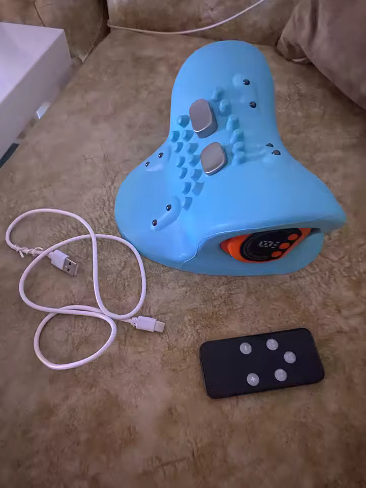 Blue electronic device with buttons and a USB cable on a beige carpet