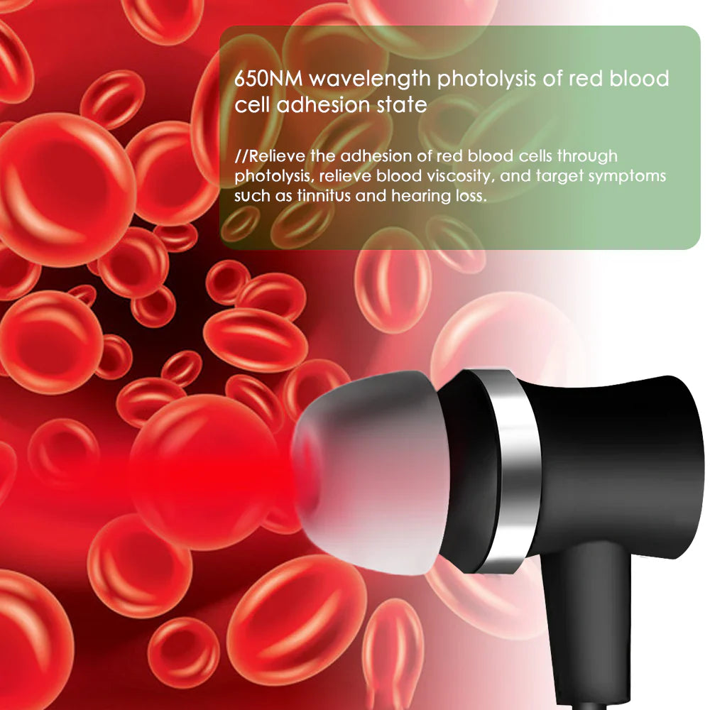 Black and silver device with text about 650NM wavelength photolysis on a background of red blood cells.