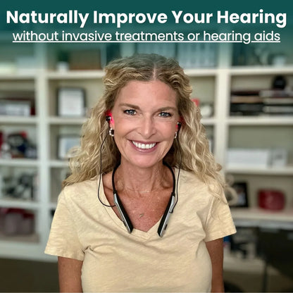 Woman wearing red earplugs with text about improving hearing naturally.