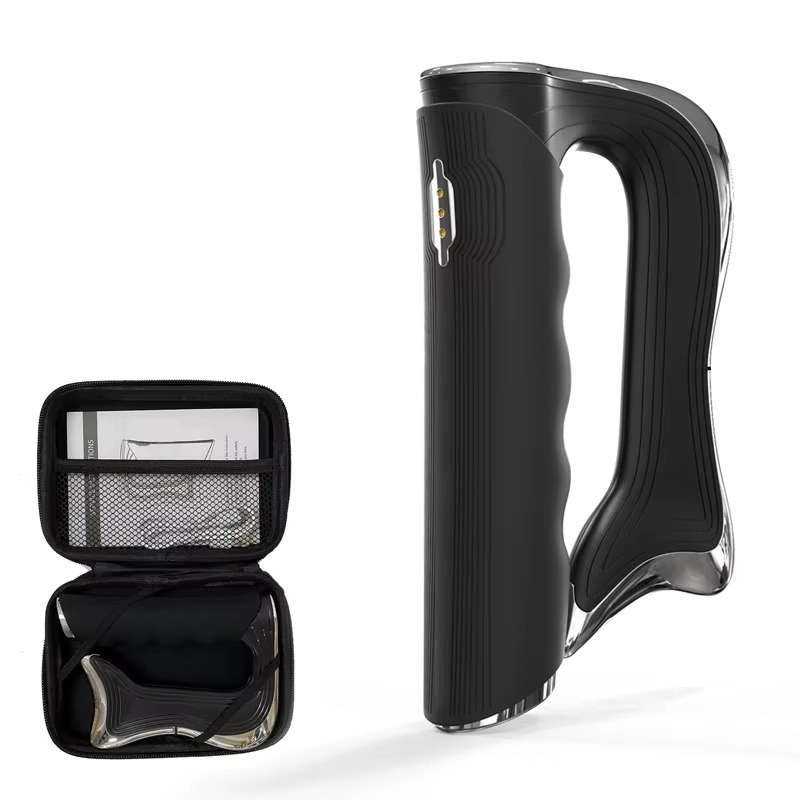 Black handheld device with a case containing additional components on a white background