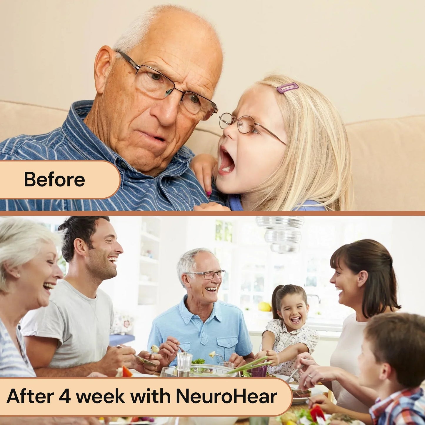 Before and after comparison of a man and a young girl with glasses, showing improved vision after using NeuroHear.